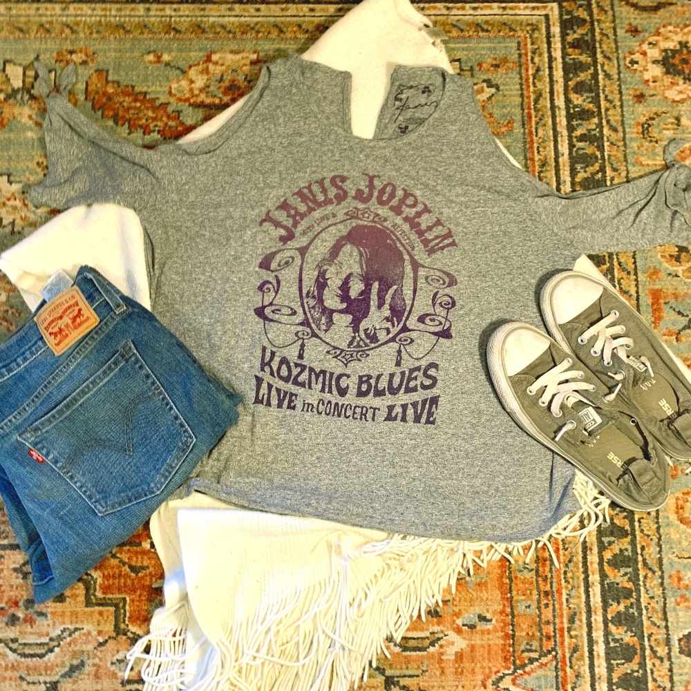 NWOT Lucky Brand Janis Joplin tee, shoulder-less.